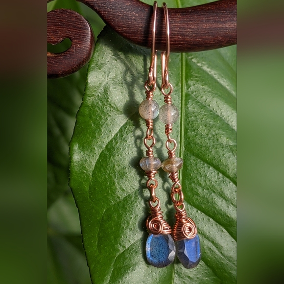Mystical Labradorite Earrings Dainty Copper Wire Wrapped Design - Picture 11 of 12